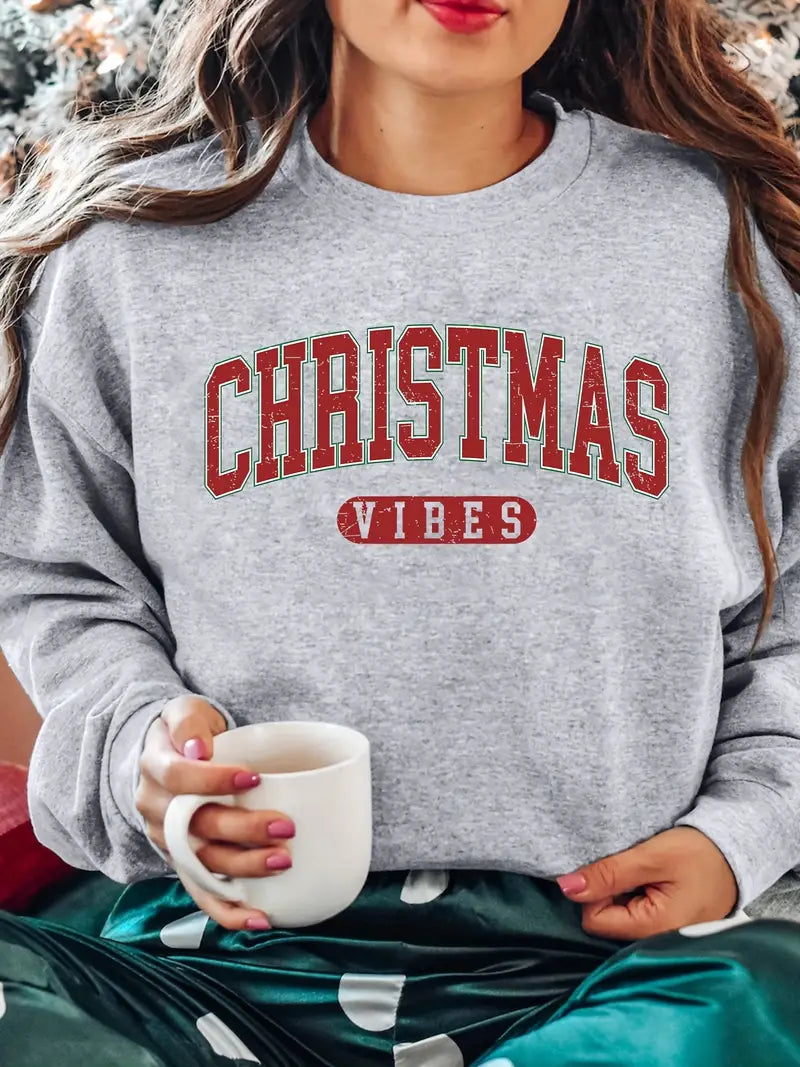 Weihnachts-Sweatshirt für Damen – Rundhals, 100% Polyester, Alphabet-Muster