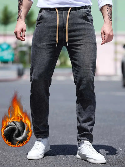 Herren Slim Fit Fleecegefütterte Jeans – Baumwolle mit Kordelzug