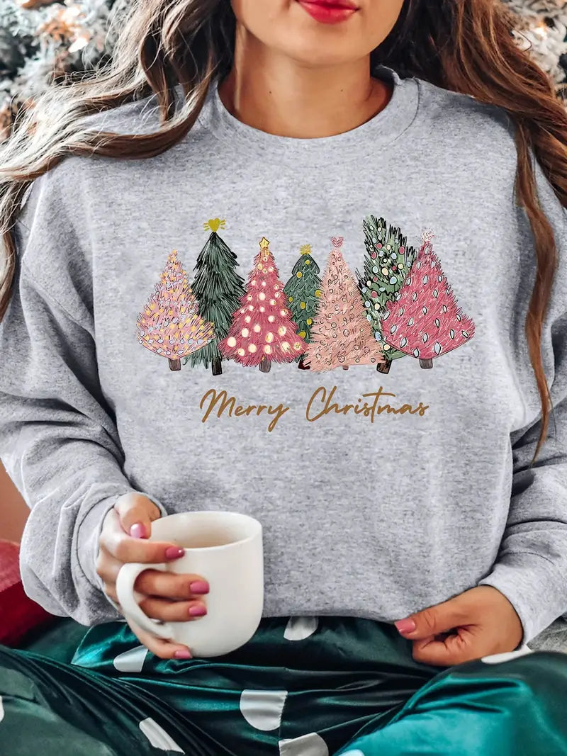 Weihnachtsbaum-Print Sweatshirt – Langer Arm, 100% Polyester