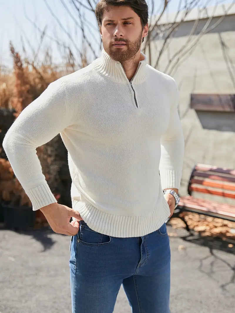 Herren Pullover – Stehkragen, Viertelreißverschluss, Langarm, Casual