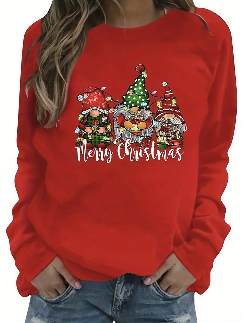 Weihnachts-Print Pullover-Sweatshirt für Damen – Langarm, Polyester