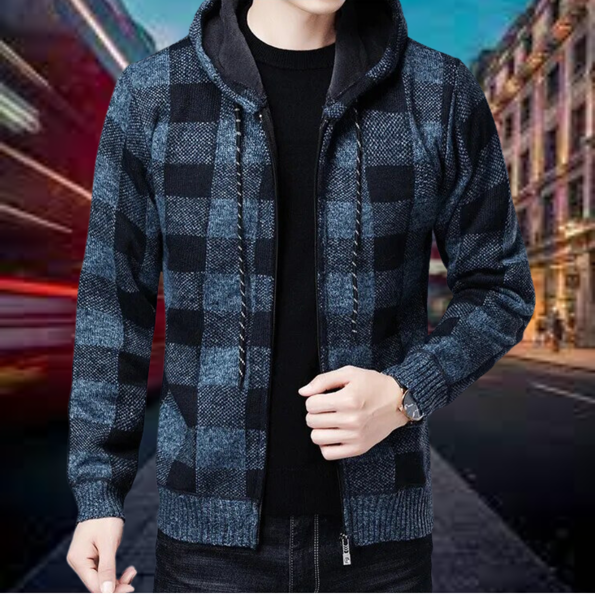 Garson -  Hochwertige Strickjacke mit karierter Kapuze