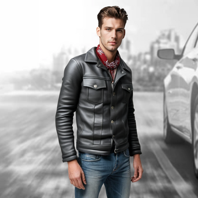 Herren Vintage Lederjacke mit Revers, Brusttasche und lässiger Passform