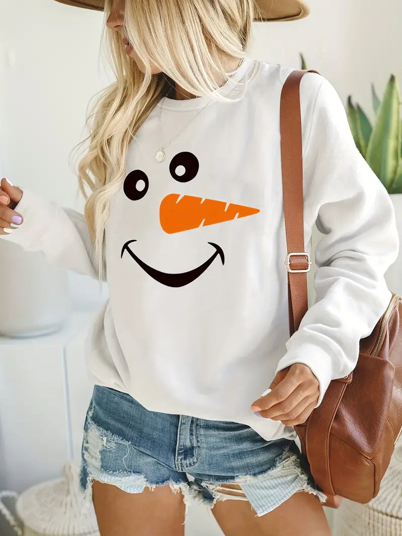 Weihnachts-Sweatshirt mit Schneemann-Print – Pullover, Langarm, 100% Polyester