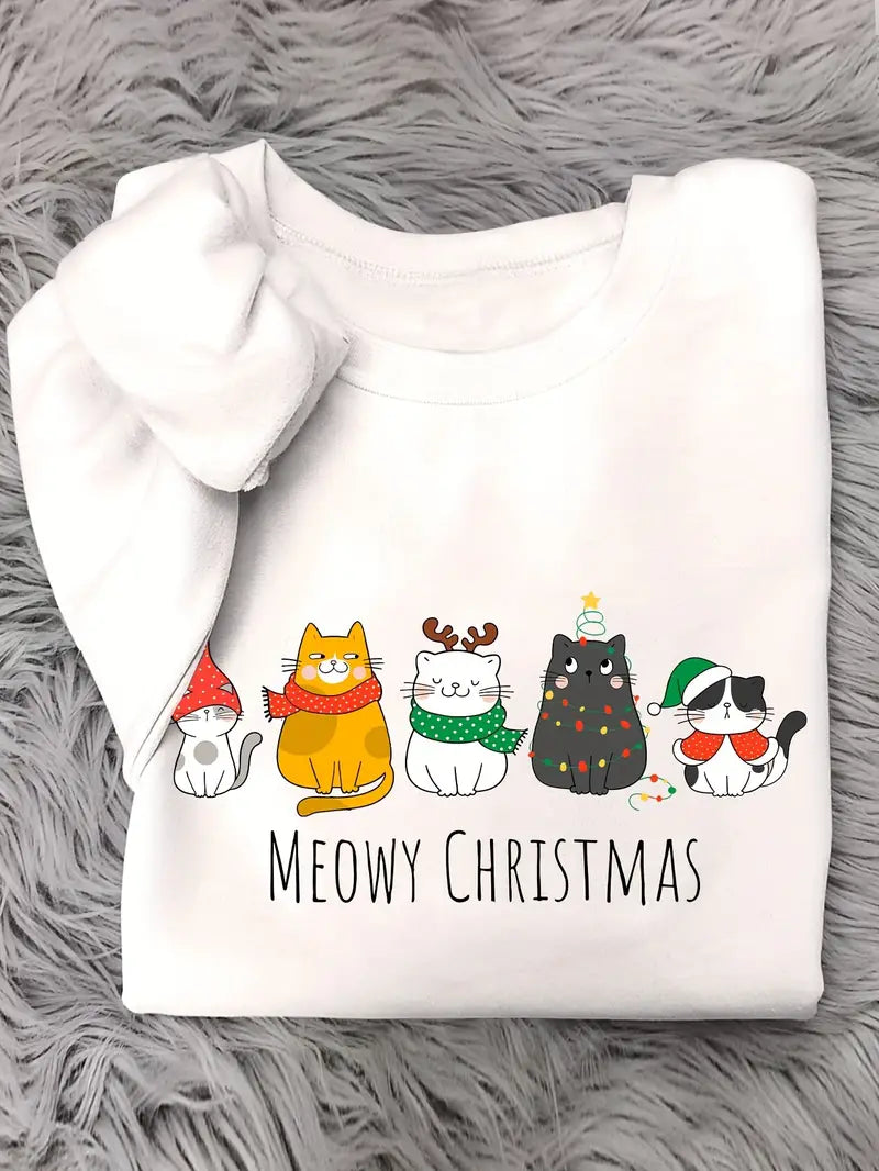 Weihnachtspullover – Meowy-Print, 100 % Polyester, Rundhals