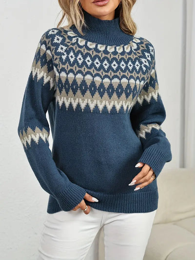 Rollkragenpullover mit Geomuster Damen Casual Langarm Strickpullover