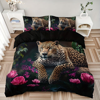 3-teiliges Leopard-Rosen-Bettwäsche-Set – Weiche Decke für Couch, Bett & Reisen