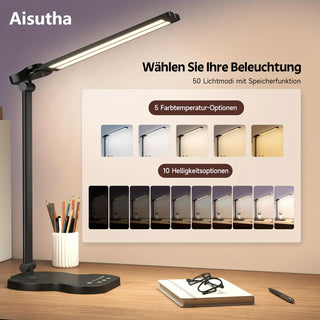 Aisutha LED-Schreibtischlampe, Doppelarm, 5 Farben, 10 Helligkeitsstufen