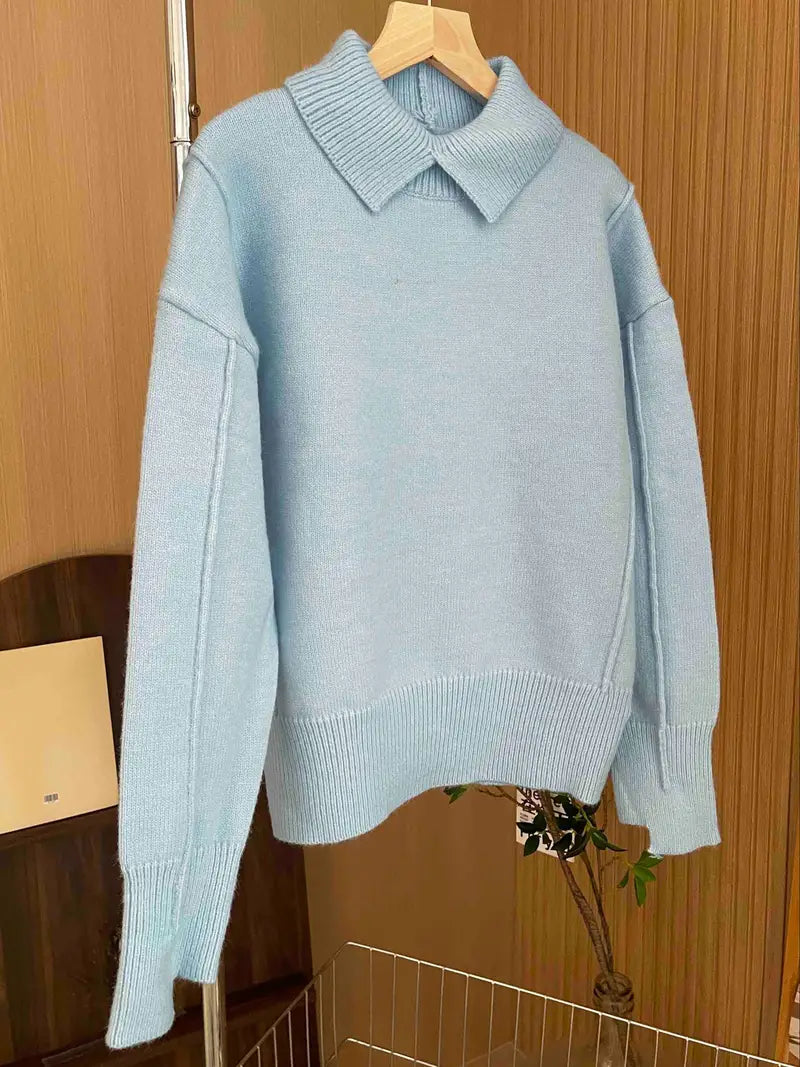 Französischer Blauer Strickpullover mit Kragen – Damen Langarm