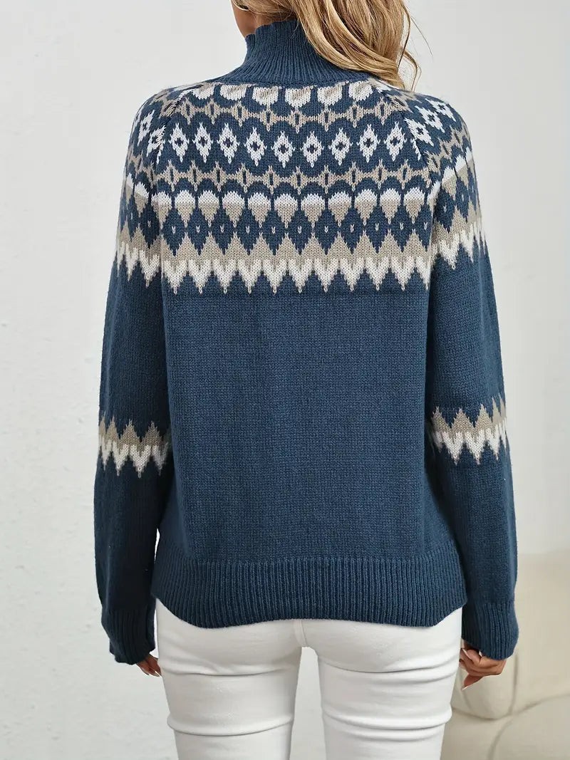 Rollkragenpullover mit Geomuster Damen Casual Langarm Strickpullover