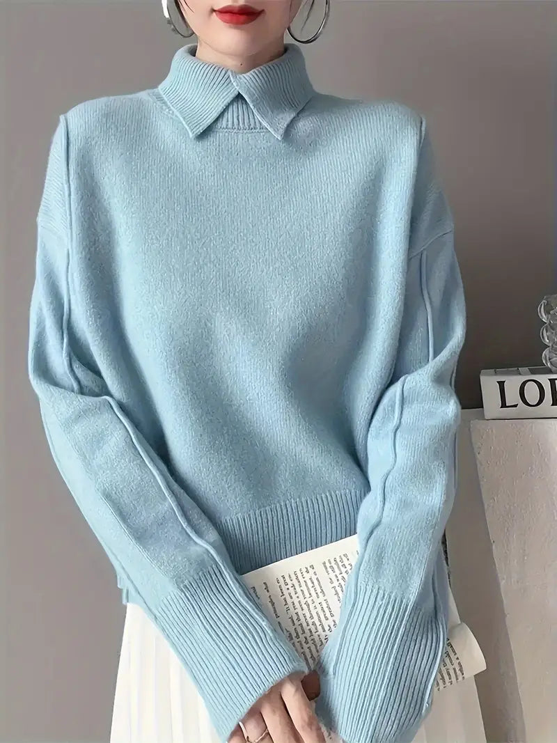 Französischer Blauer Strickpullover mit Kragen – Damen Langarm