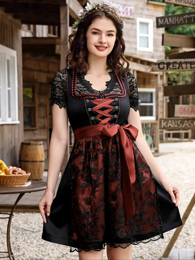 Schickes Oktoberfest Midi Dirndl Set mit Spitzenschürze