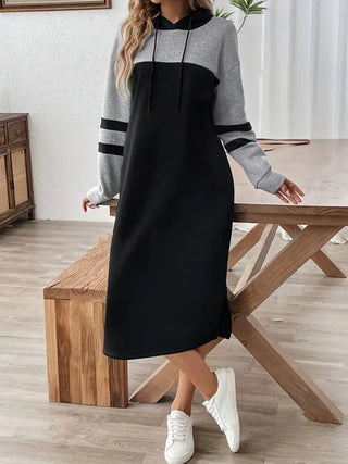 Damen Langkleid mit Kapuze – Farbakzent, Lässig und Bequem