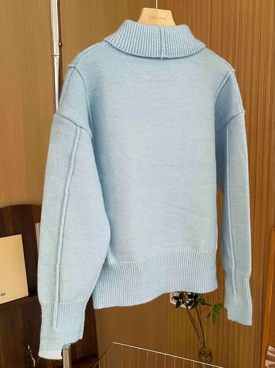 Französischer Blauer Strickpullover mit Kragen – Damen Langarm