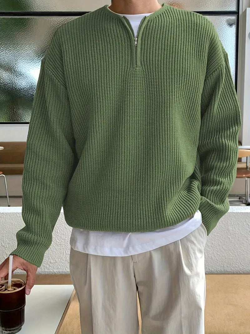 Herren Strickpullover – V-Ausschnitt, Halbreißverschluss, Lockerer Sitz