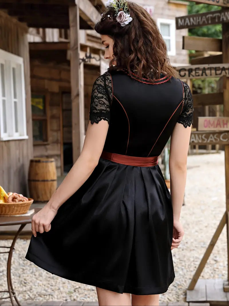 Schickes Oktoberfest Midi Dirndl Set mit Spitzenschürze