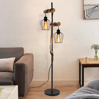 Vintage 2-Punkt Metall-Holz-Bodenlampe – Verstellbar, Industriell-Chic für Wohnzimmer