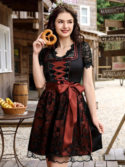 Schickes Oktoberfest Midi Dirndl Set mit Spitzenschürze