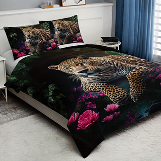 3-teiliges Leopard-Rosen-Bettwäsche-Set – Weiche Decke für Couch, Bett & Reisen