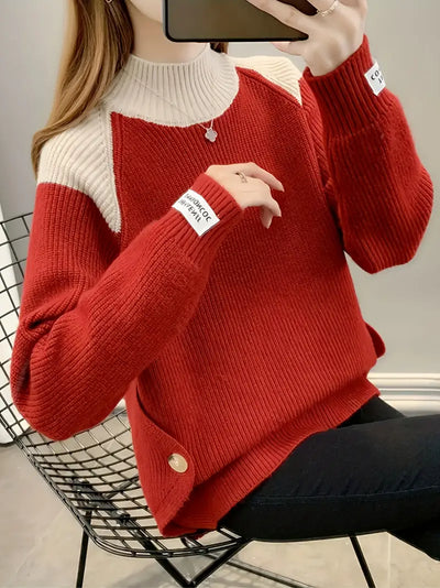 Damen Colorblock Stehkragen Pullover – Warm Lässig