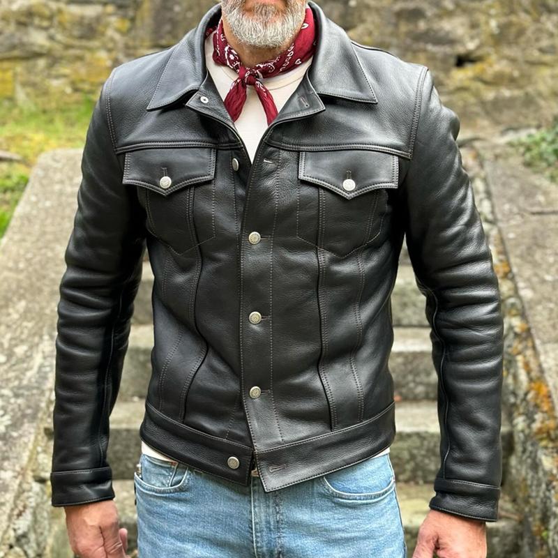 Herren Vintage Lederjacke mit Revers, Brusttasche und lässiger Passform