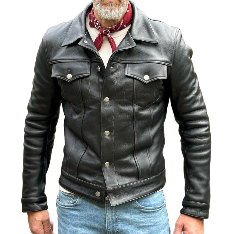 Herren Vintage Lederjacke mit Revers, Brusttasche und lässiger Passform