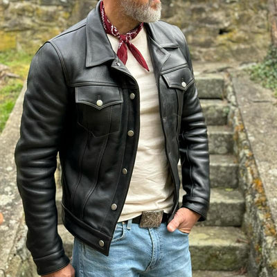 Herren Vintage Lederjacke mit Revers, Brusttasche und lässiger Passform