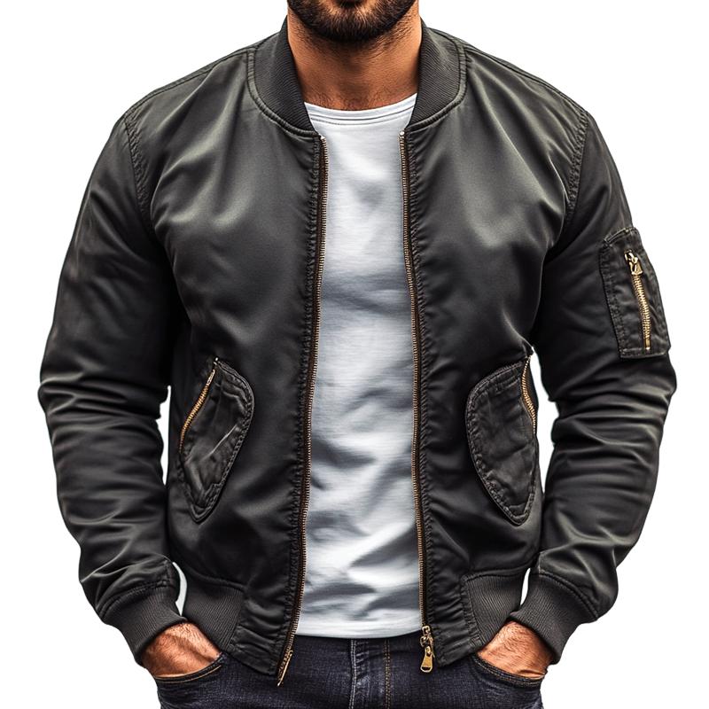 Unifarbene Herren-Baseball-Jacke mit mehreren Taschen und Reißverschluss