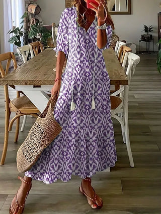 Charm - Ikat Traum Boho Rüschenbesatz V-Ausschnitt Kleid Eleganter Stil