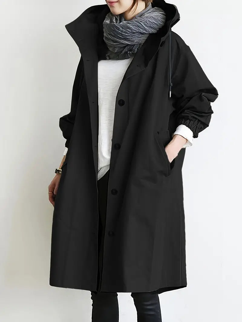 Trenchcoat mit Kordelzug und Kapuze, lässig, einfarbig, langärmlig