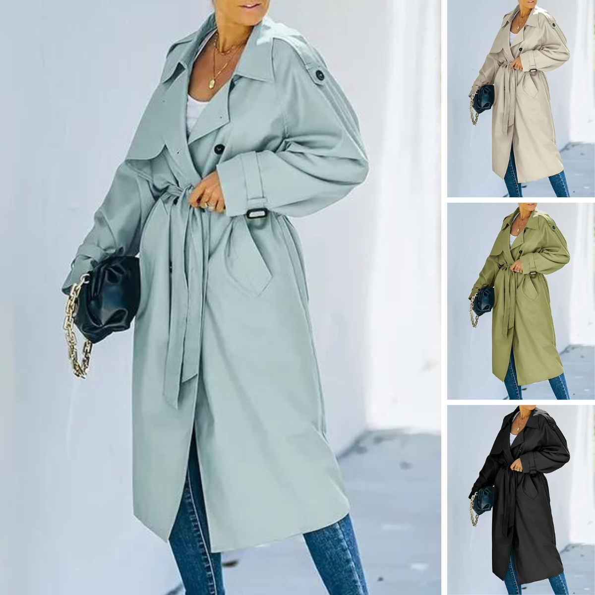 Theida - Klassischer Revers Langer Trenchcoat Winddichter Mantel mit Gürtel