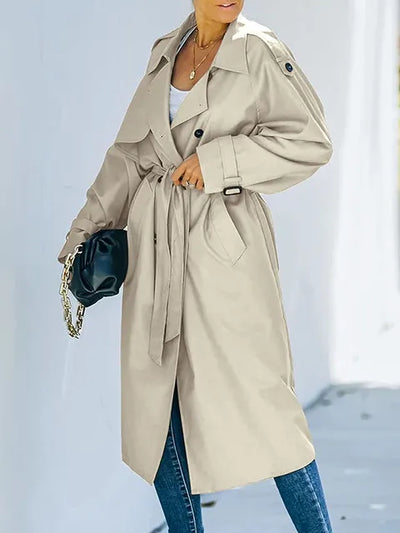 Theida - Klassischer Revers Langer Trenchcoat Winddichter Mantel mit Gürtel