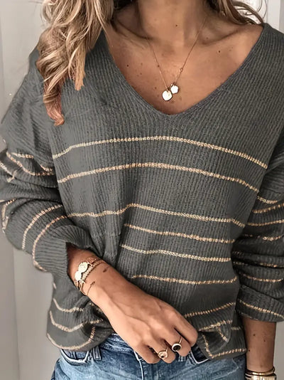 StripeStyle - Gestreiftes Muster V-Ausschnitt Pullover