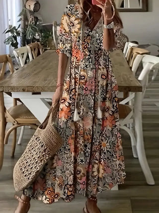 Charm - Ikat Traum Boho Rüschenbesatz V-Ausschnitt Kleid Eleganter Stil